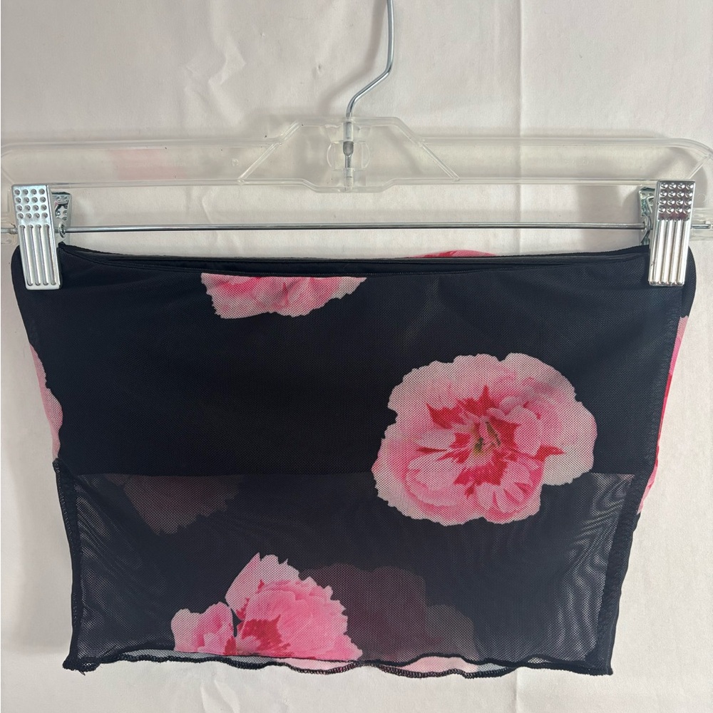 Black+Pink Floral Mesh Tube Top XXS - Picture 3 of 9